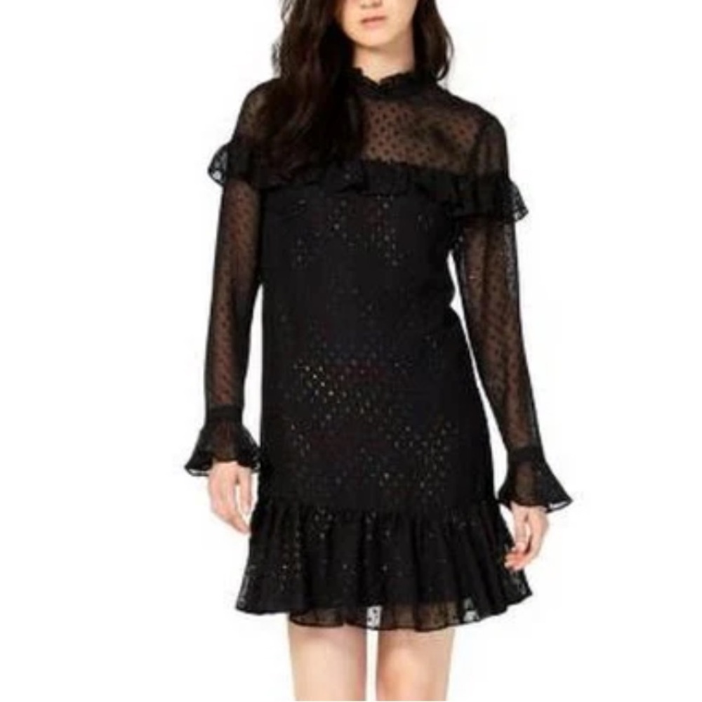BETSEY JOHNSON women's black rainbow glitter dotted high neck ruffle dress SZ 10 - Picture 1 of 7